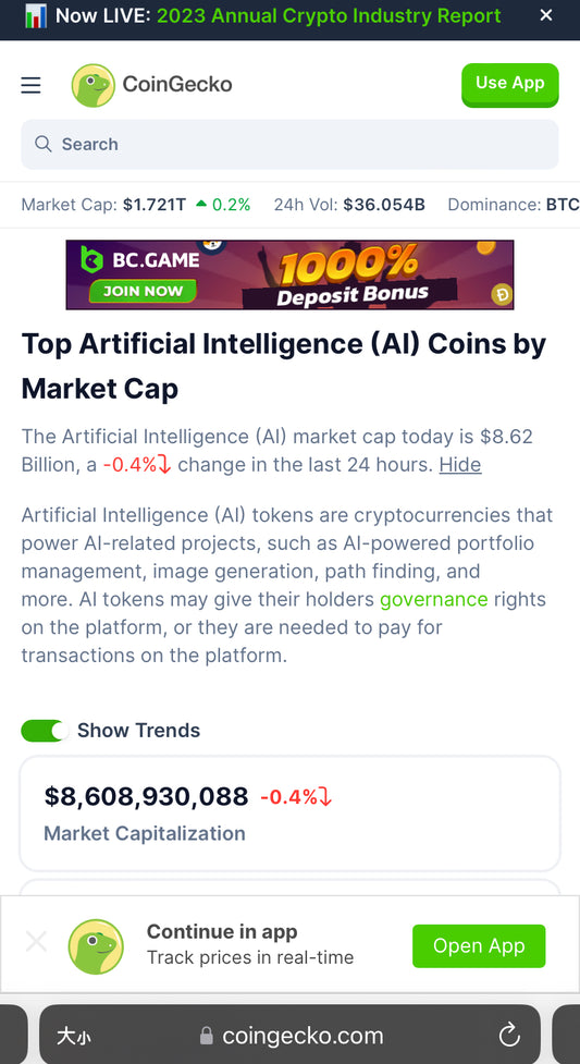 Top Artificial Intelligence (AI) Coins by Market Cap The Artificial Intelligence (AI) market cap today is $8.62 Billion, a -0.4% change in the last 24 hours. Read More about Artificial Intelligence (AI)